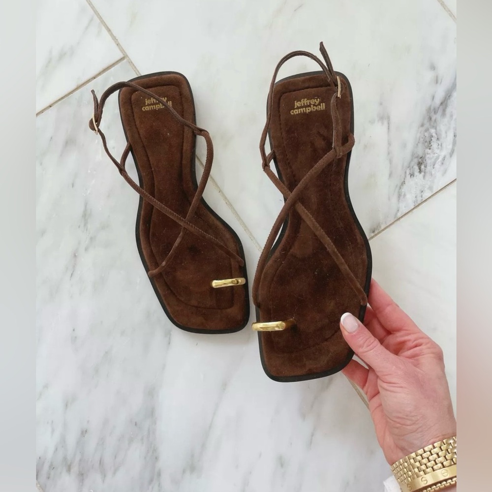 Jeffrey Campbell Island Slingback Sandals Brown Suede Gold Toe Ring Women’s 6